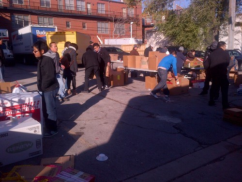 Various donation at Chicago Philippines Relief station. Family Outreach Program donated foam for mattresses offered by Englander Bedding Company as well as 500 lbs of dry food product.