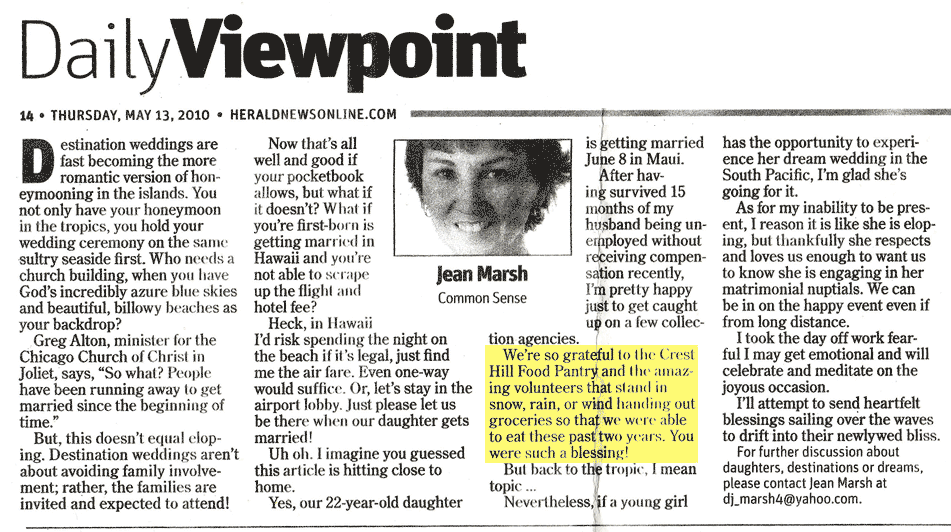 Jean Marsh Daily Viewpoint Article for Family Outreach Program